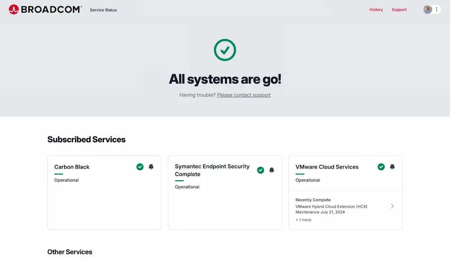 Broadcom status page that is customised